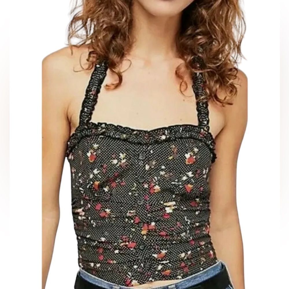 Free People Black Floral Ruched Ruffle Sun's Out Halter Top Size XS